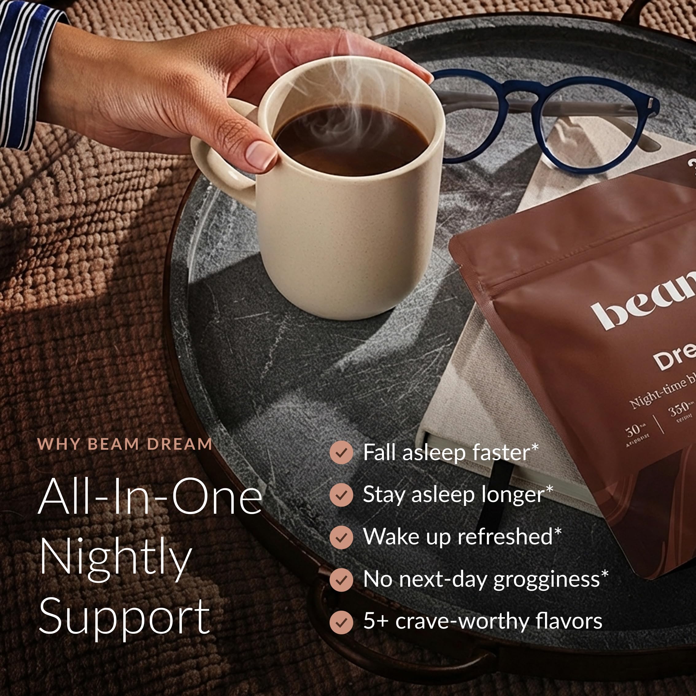 Beam Dream Sleep Powder hot cocoa mix creating a cozy night drink