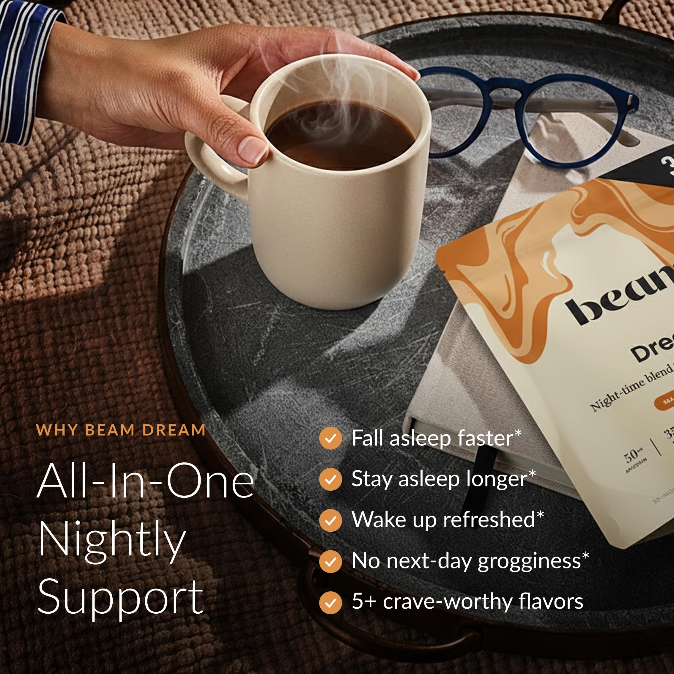 Beam Dream Sleep Powder with hot cocoa setup for a cozy evening.