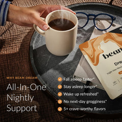 Beam Dream Sleep Powder with hot cocoa setup for a cozy evening.