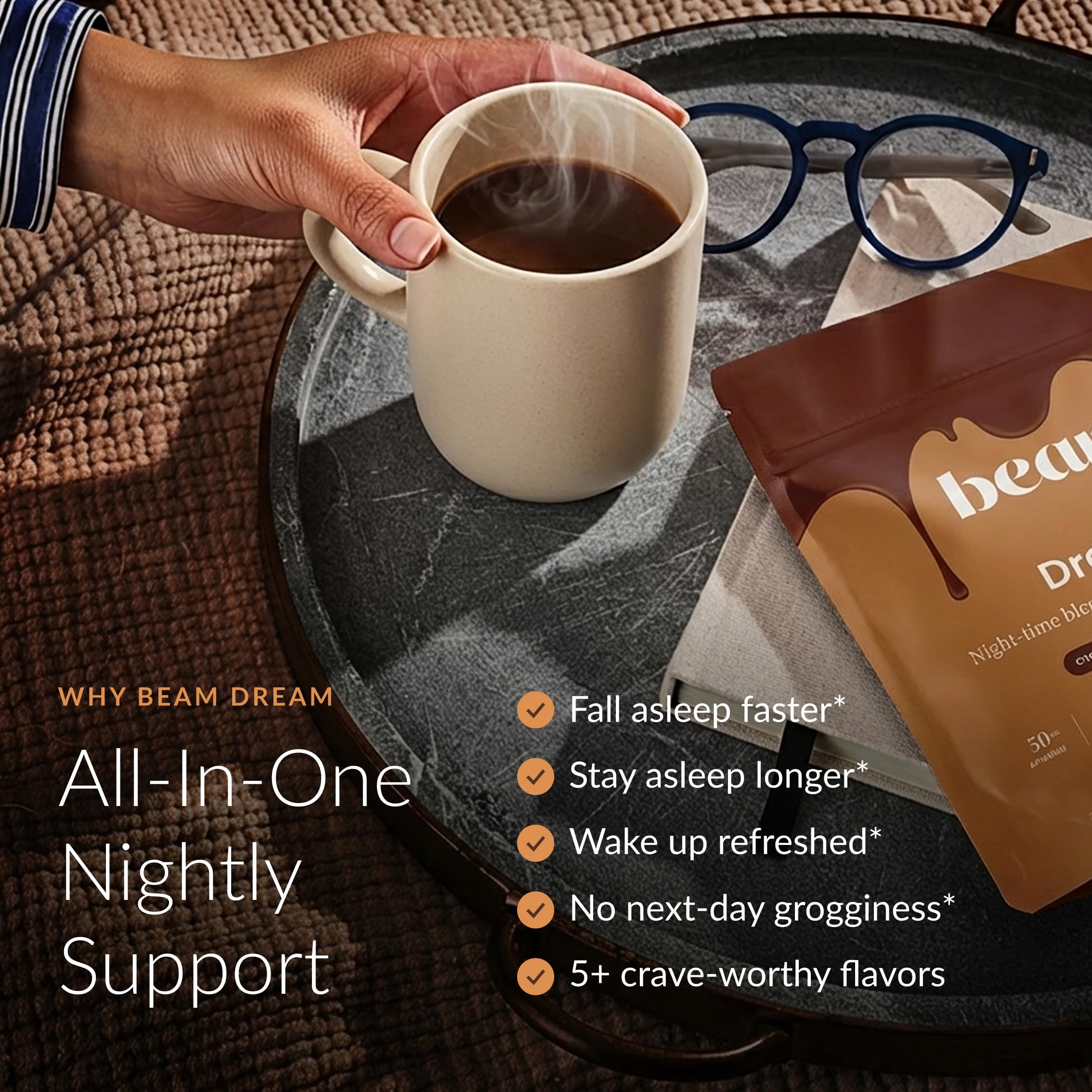 Beam Dream Sleep Powder scoop dispensing a single serving for easy nightly routine