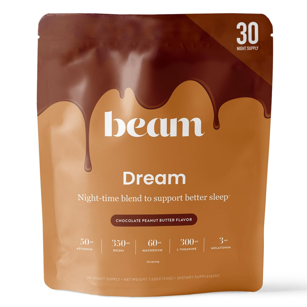 Beam Dream Sleep Powder tub front signaling a calming bedtime ritual with Sleepy Cocoa