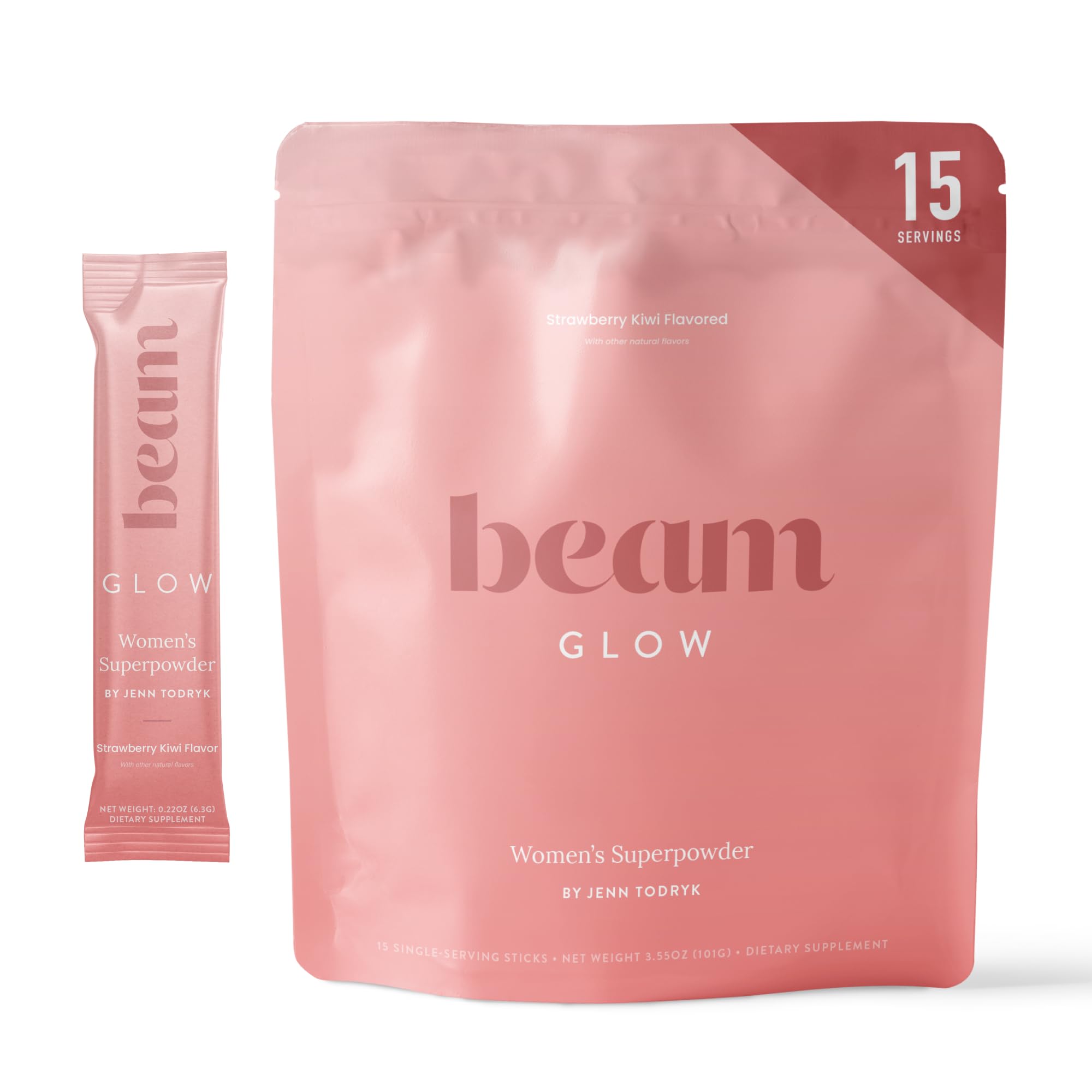 Beam Glow bottle and capsules on a clean surface for daily hormone support.