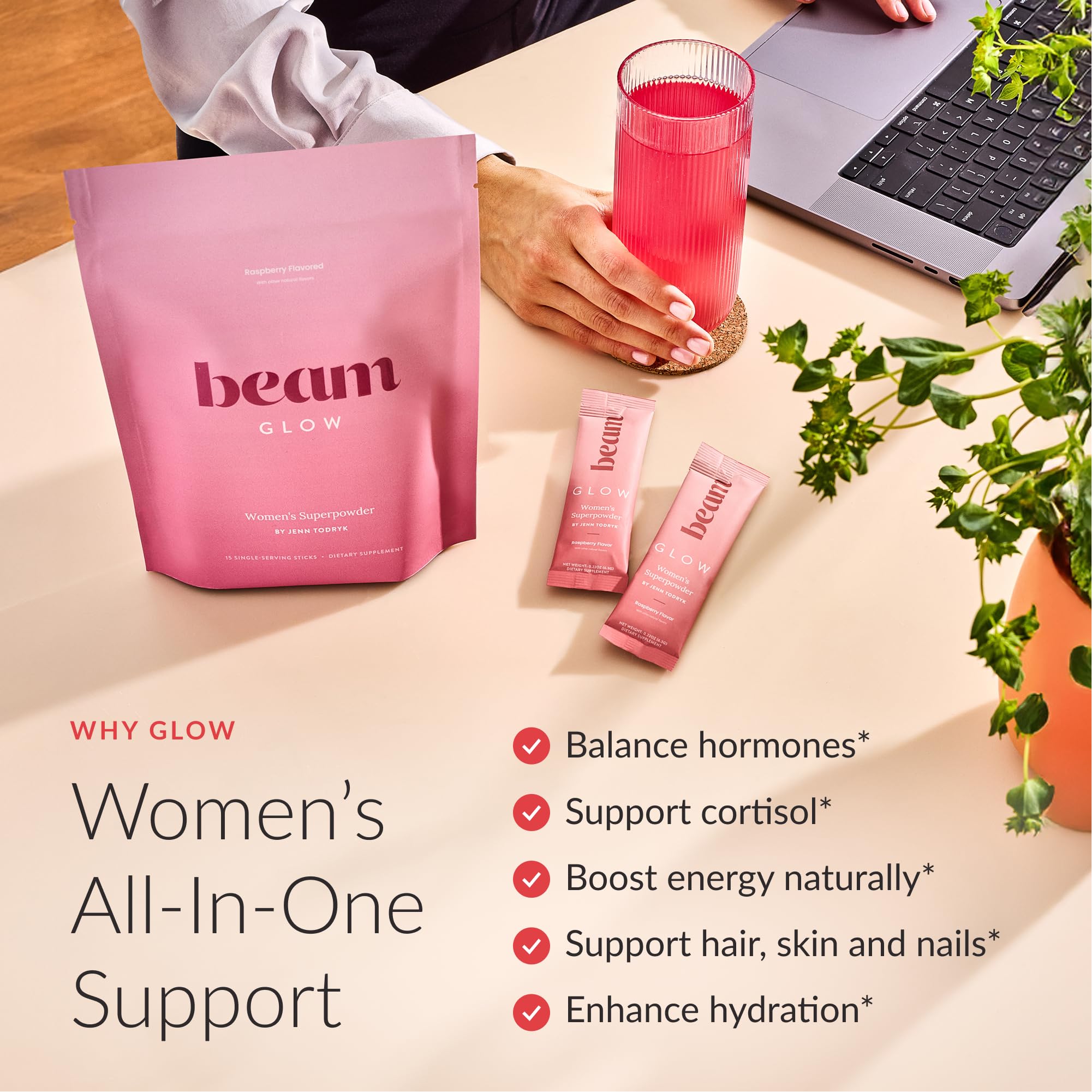 Beam Glow bottle label detail with key ingredients for cortisol balance