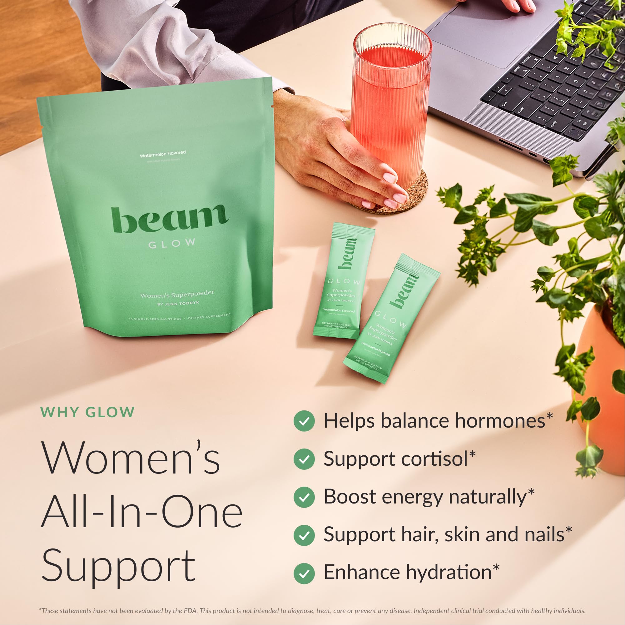 Beam Glow capsules closeup highlights convenient daily capsules for balance.