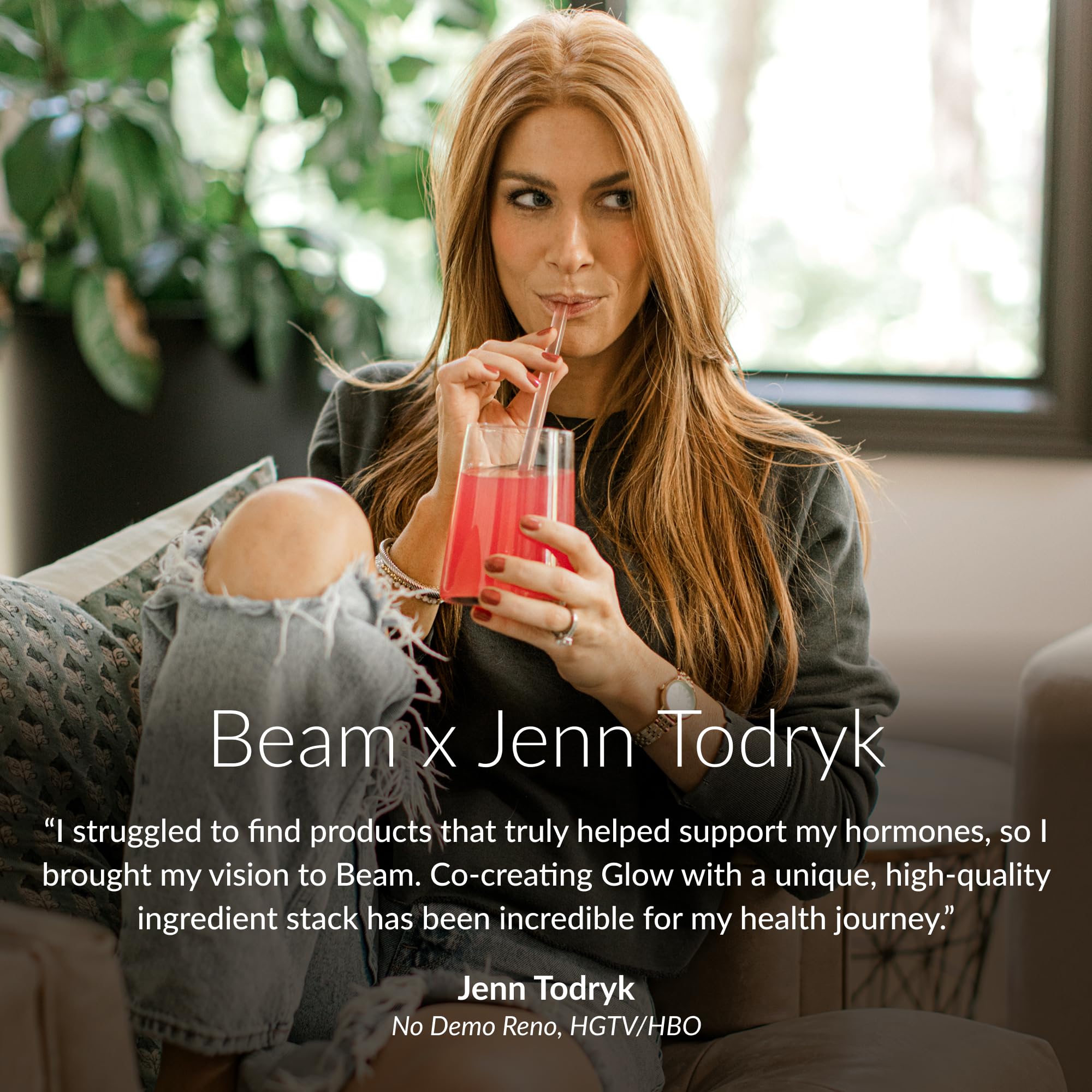 Beam Glow packaging and selenium label visible, signaling thyroid-support benefits.