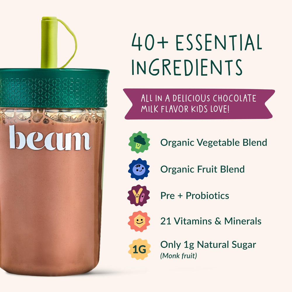 Beam Kids Multivitamin Powder bottle on kitchen counter.