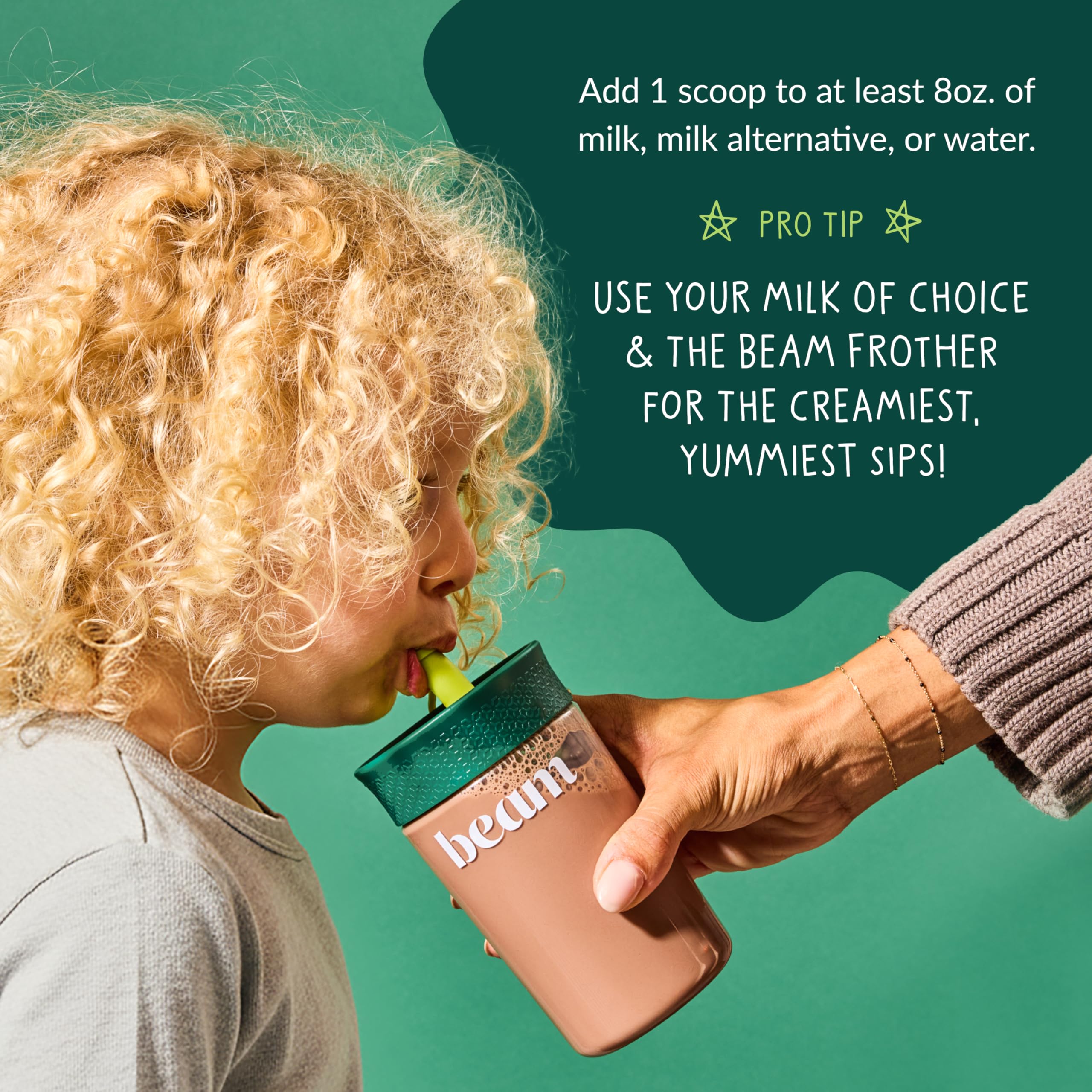 Beam Kids Multivitamin Powder greens blend close-up nutrition panel.