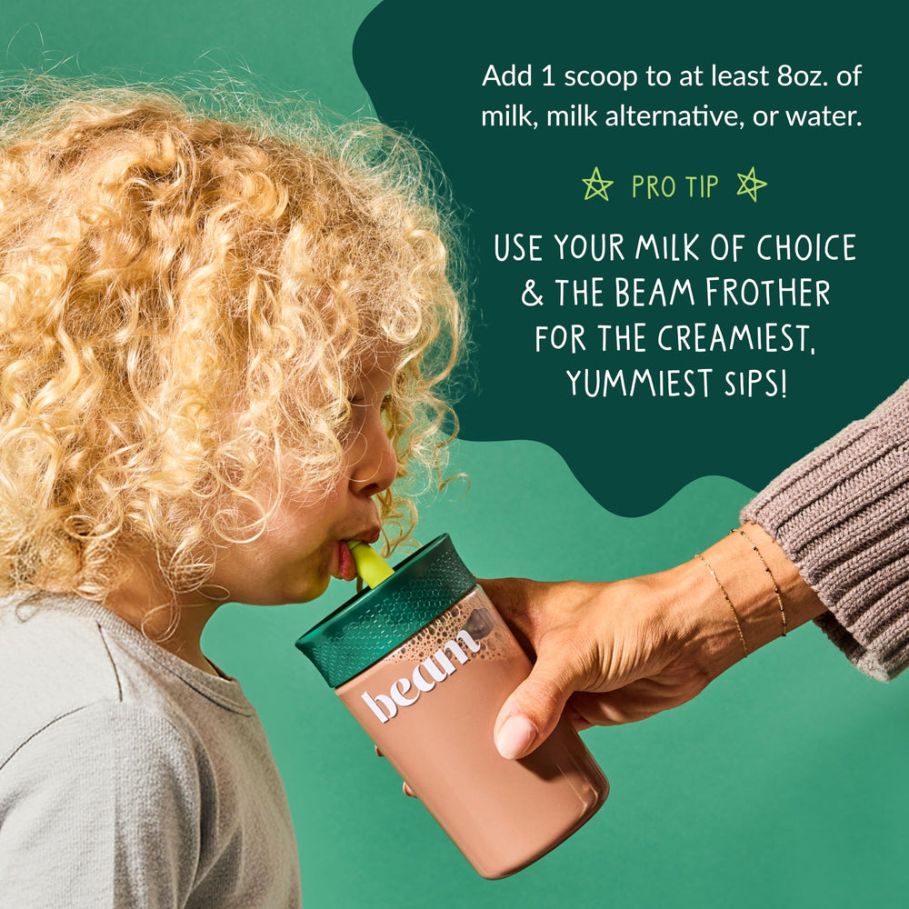 Beam Kids Multivitamin Powder greens blend close-up nutrition panel.