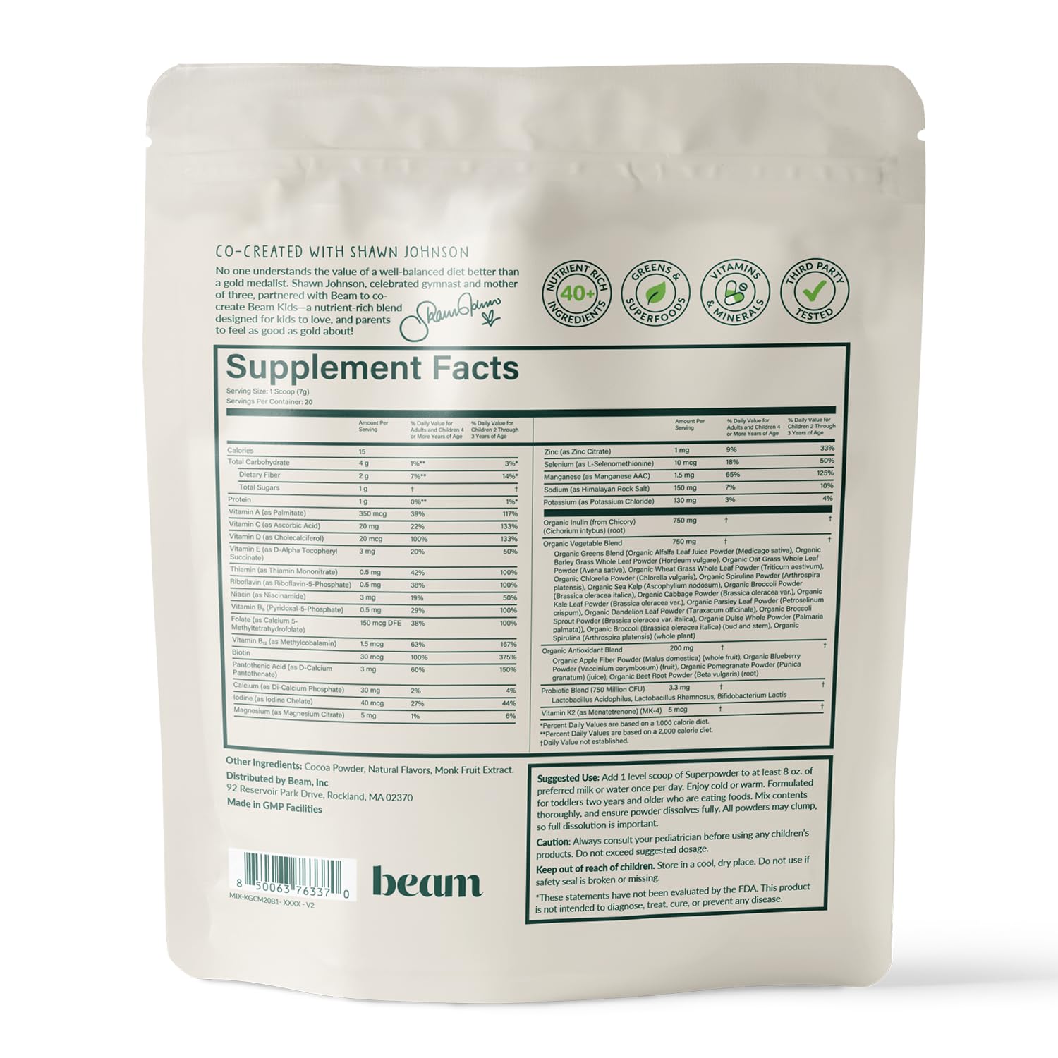 Beam Kids Multivitamin Powder ingredients board featuring immune support components.