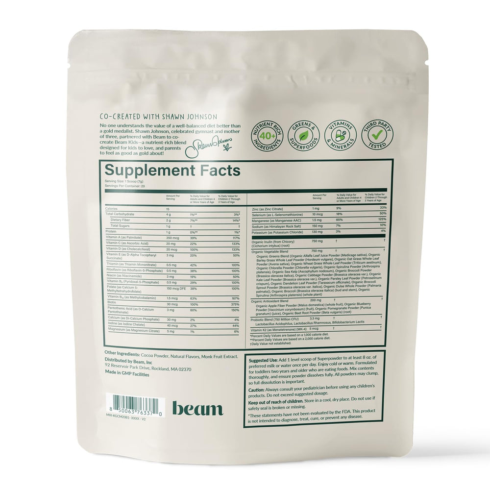 Beam Kids Multivitamin Powder ingredients board featuring immune support components.