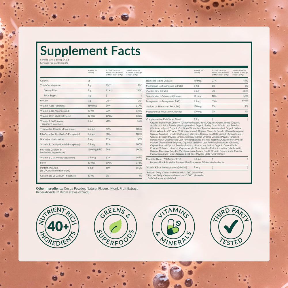 Beam Kids Multivitamin Powder bottle highlights no artificial sweeteners.