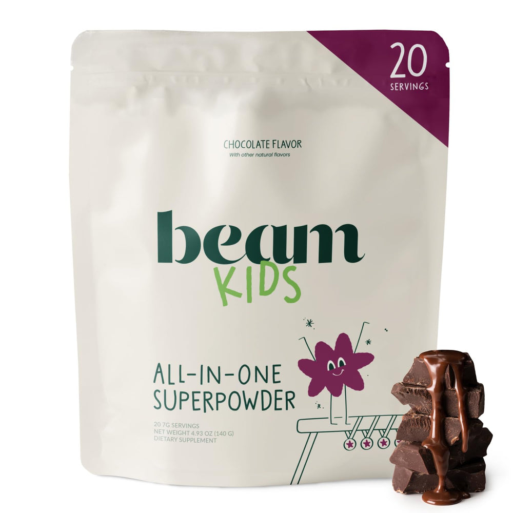 Beam Kids Multivitamin Powder tub showing chocolate flavor for daily nutrition.