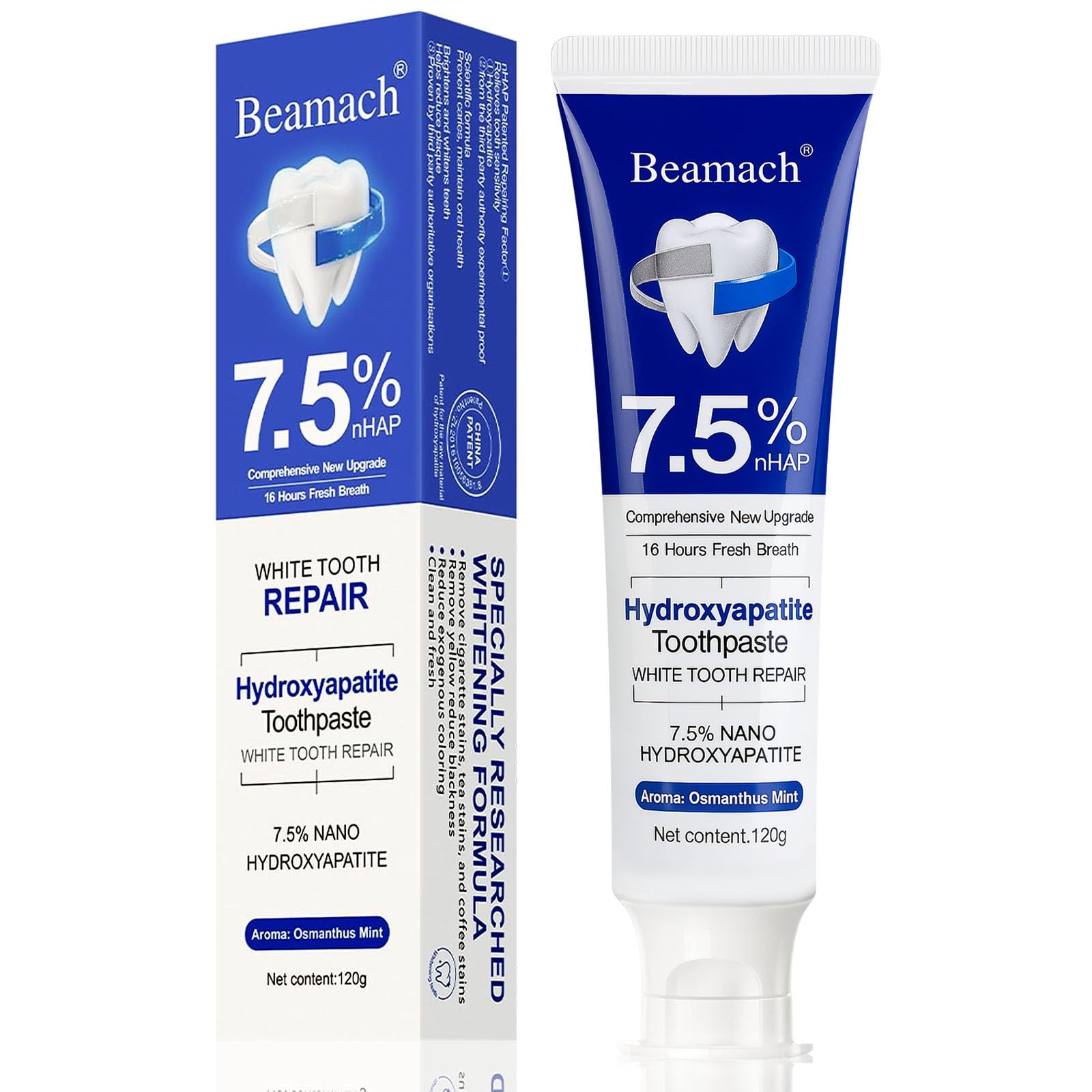 Beamach hydroxyapatite toothpaste tube showing 7.5% formula for enamel support.