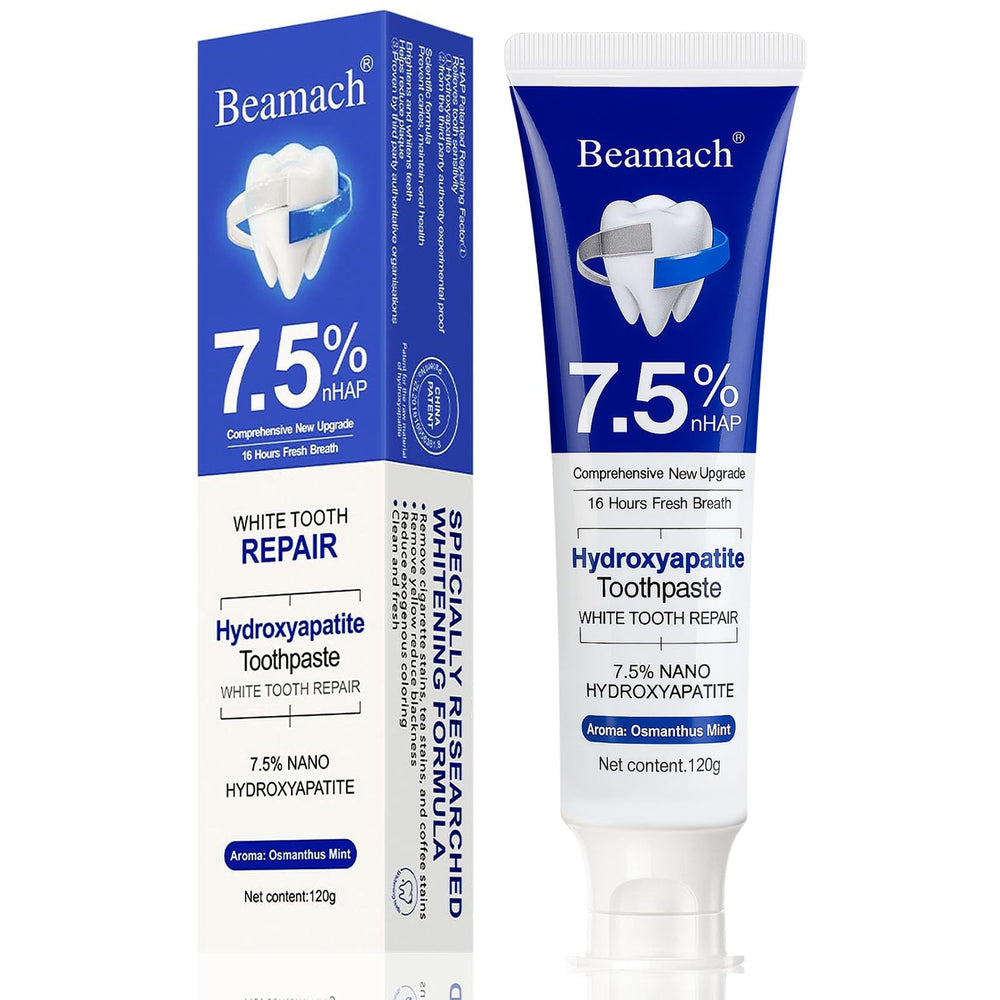 Beamach hydroxyapatite toothpaste tube showing 7.5% formula for enamel support.