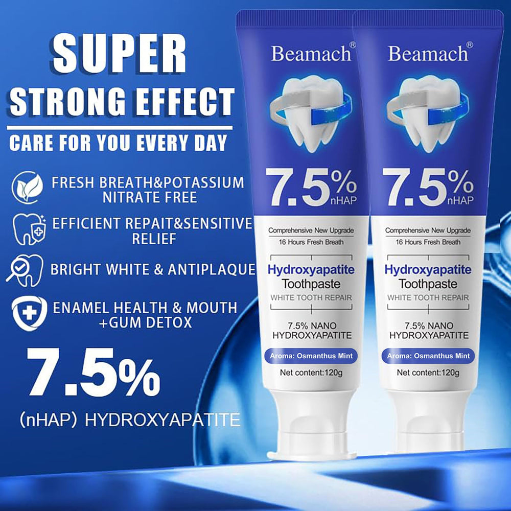 Beamach toothpaste tube close-up highlighting fluoride-free nano hydroxyapatite
