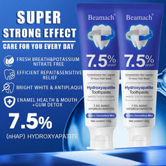 Beamach toothpaste tube close-up highlighting fluoride-free nano hydroxyapatite