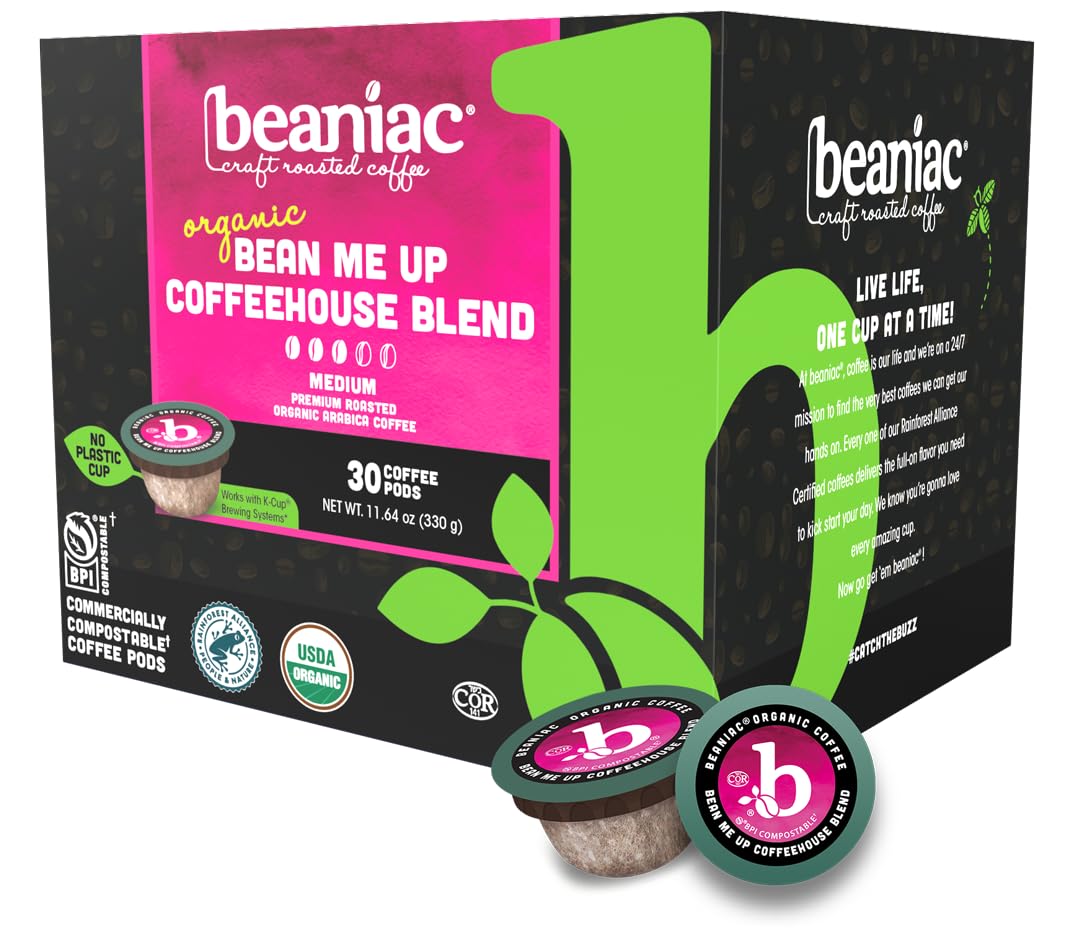 Beaniac Bean Me Up packaging showcases compostable pods for eco-friendly sipping.