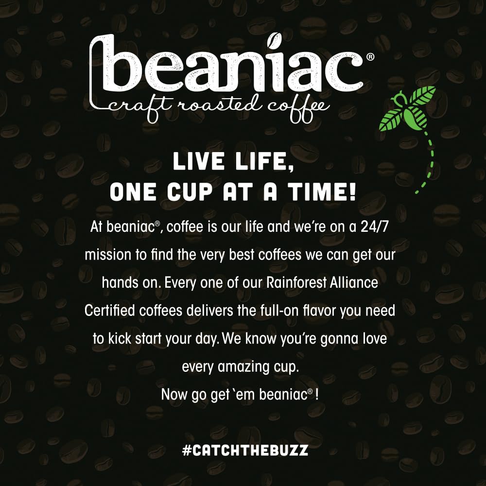Beaniac Bean Me Up Rainforest Alliance certification marks ethical sourcing.