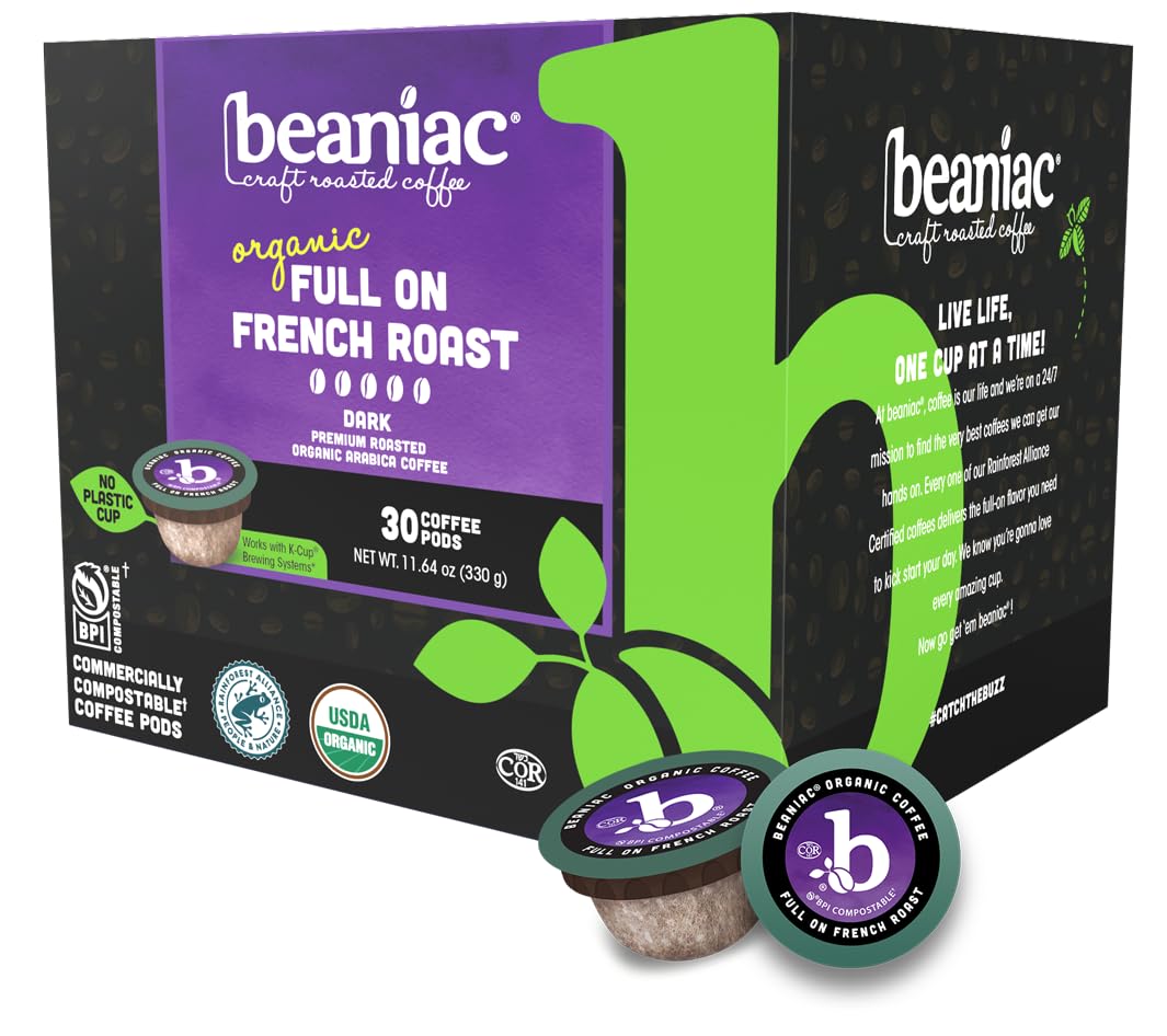 Beaniac French Roast pods pack front, compostable single-serve design for Keurig.