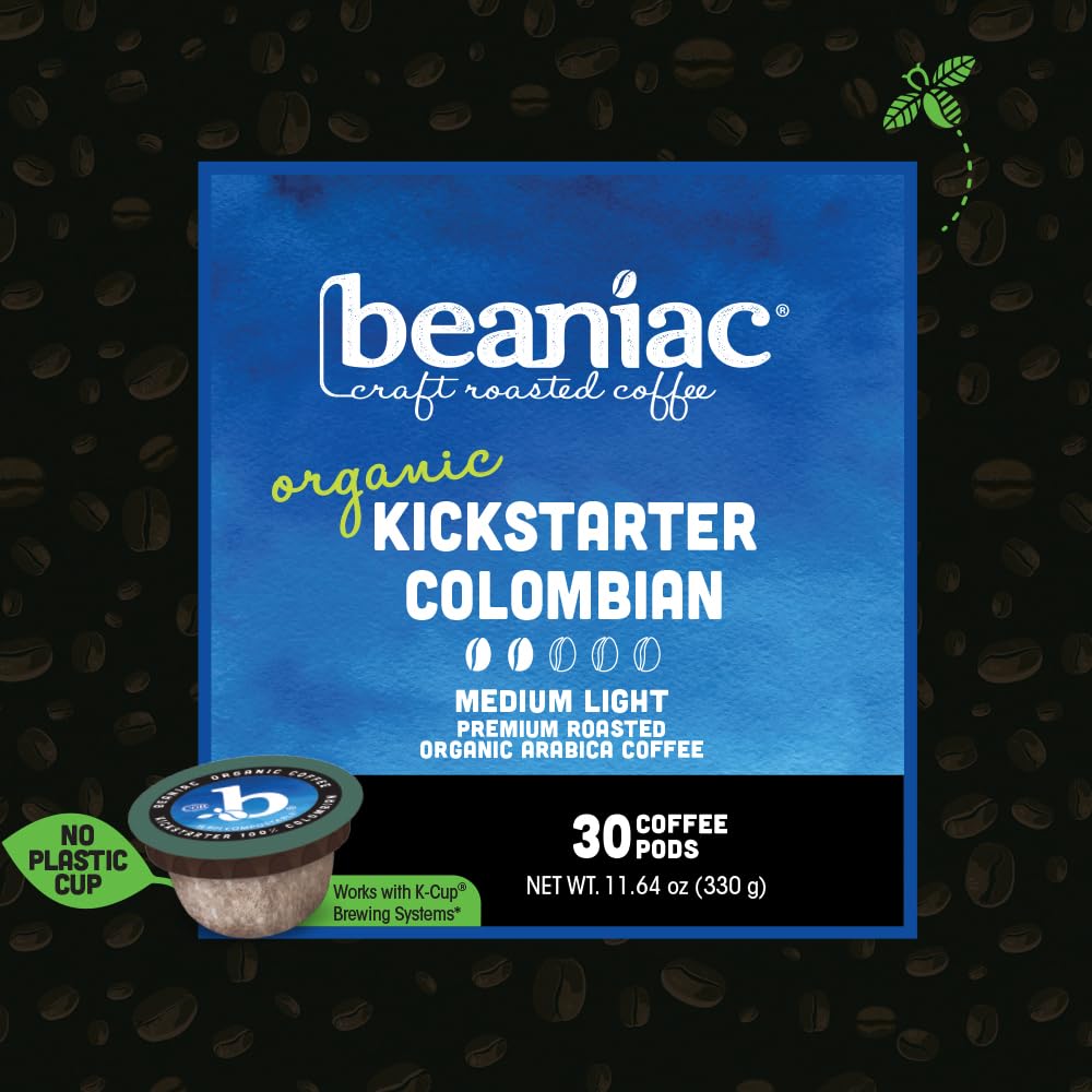 Beaniac K-Cup brewed cup displaying smooth fruity Colombian flavor and crisp finish