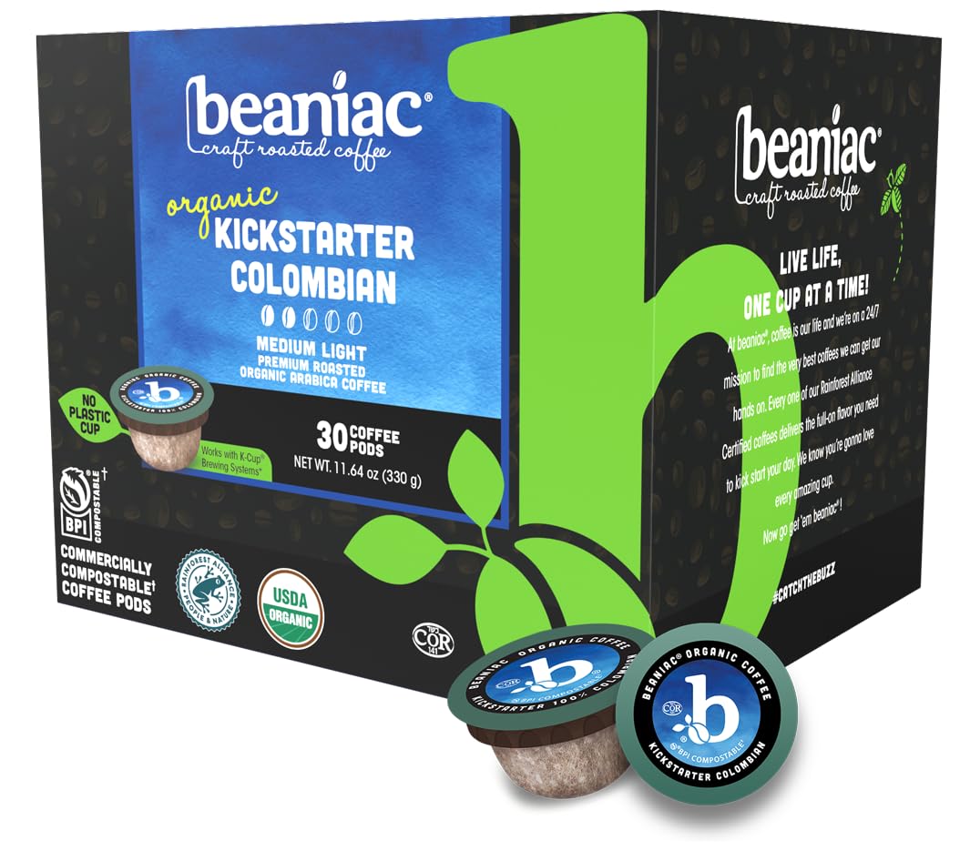 Beaniac K-Cup pod close-up showing compostable pod design for eco-friendly coffee