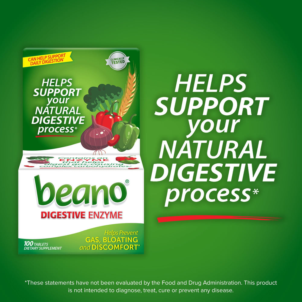 Closeup of Beano Ultra 800 tablets showing compact relief solution.