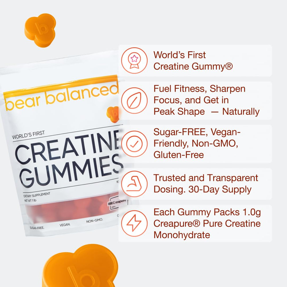 Bear Balanced Creatine Gummies label close-up showing Creapure creatine for consistency
