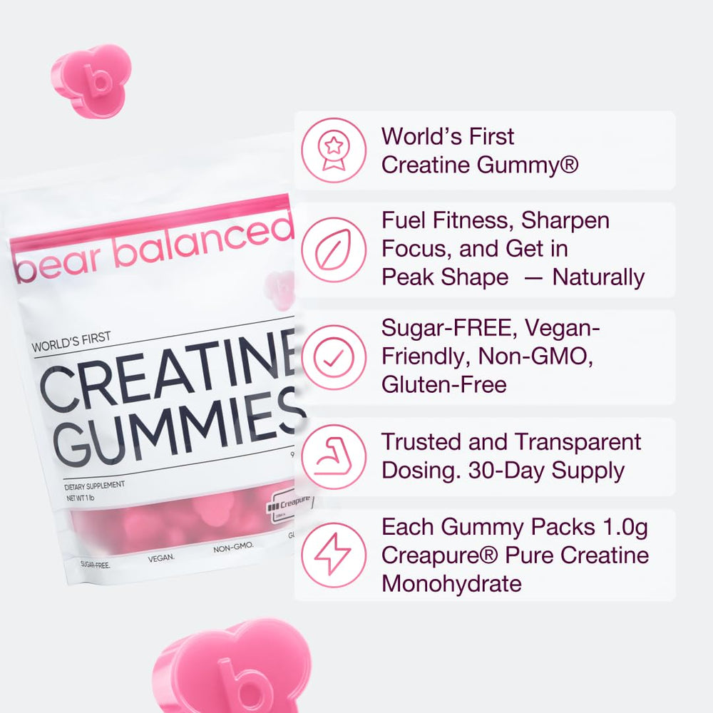 Gummies being poured from Bear Balanced bottle for easy daily intake.
