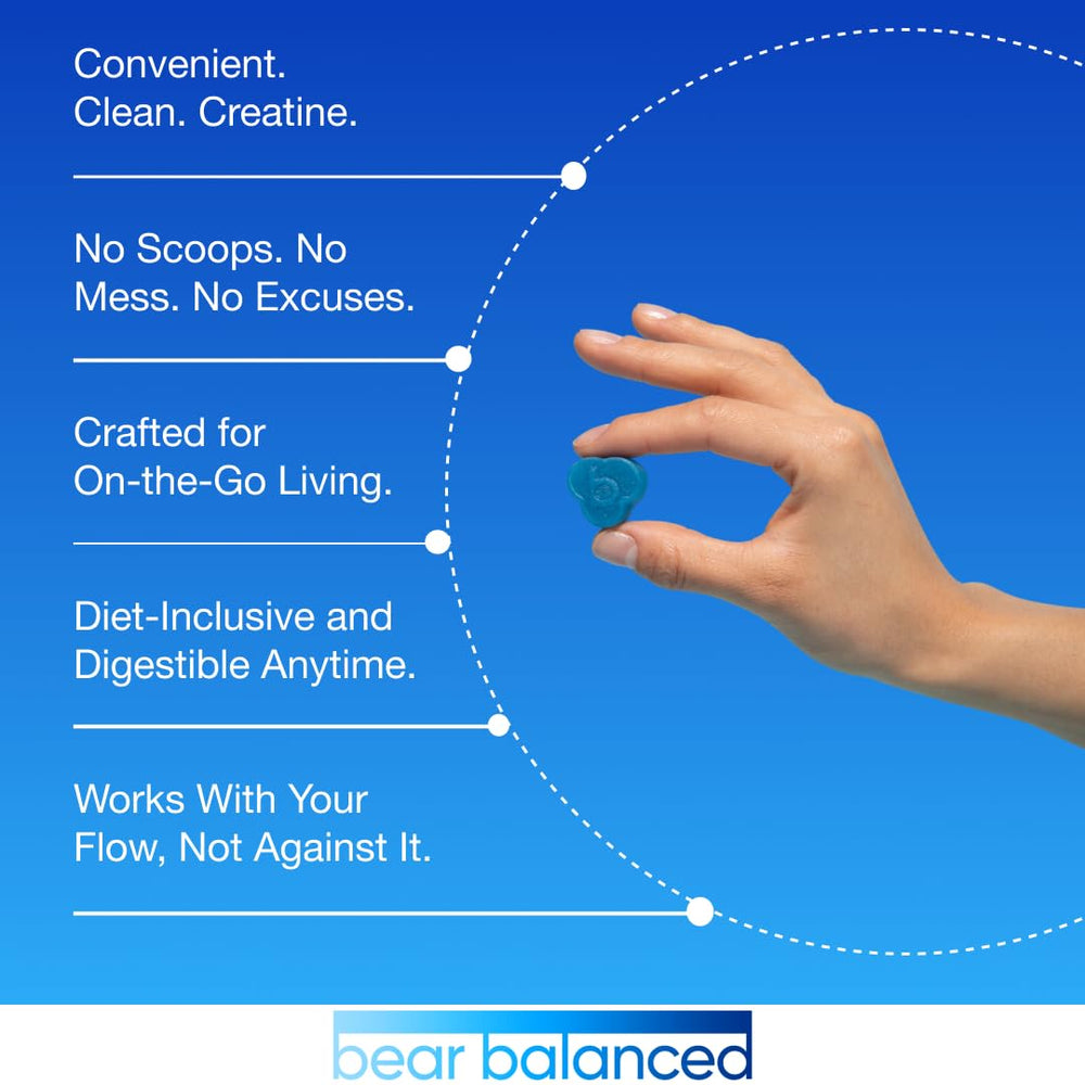 Bear Balanced Creatine Gummies vegan keto sugar-free icons highlight diet compatibility.