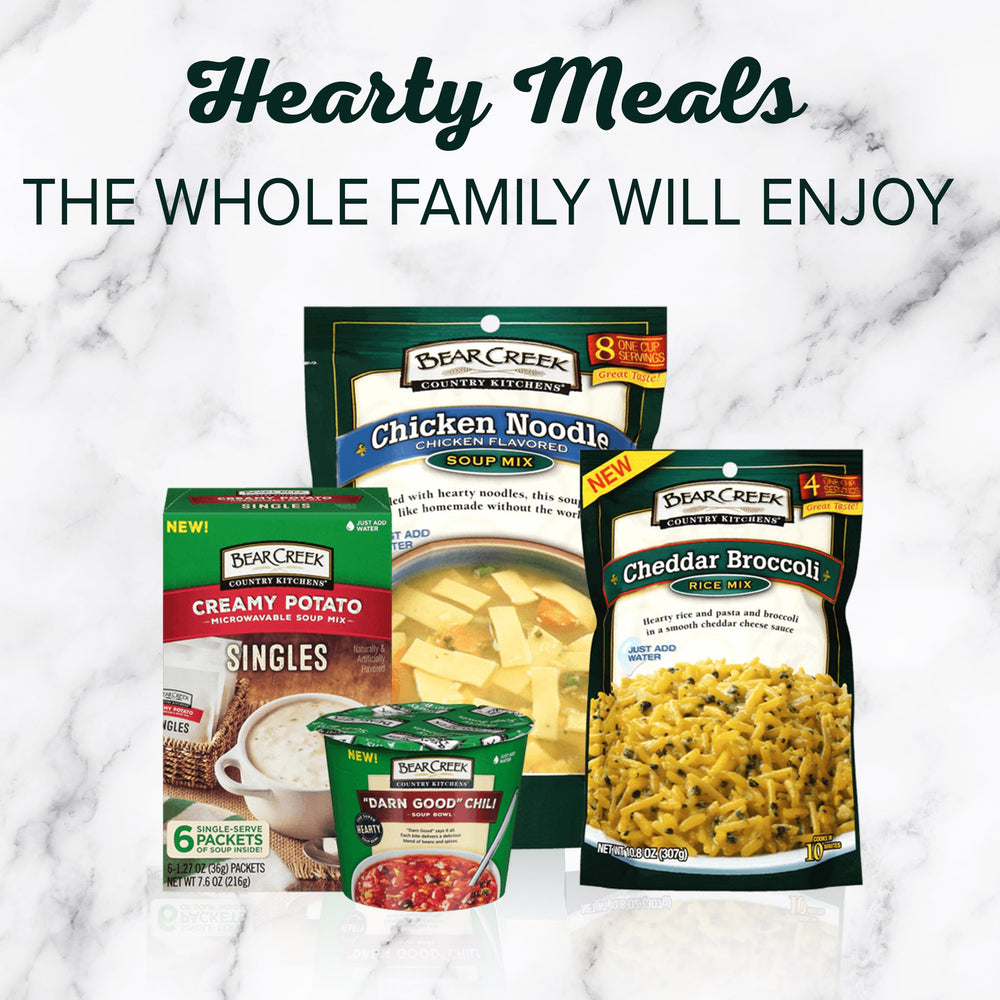 Bear Creek soup mix packaging box on kitchen counter.
