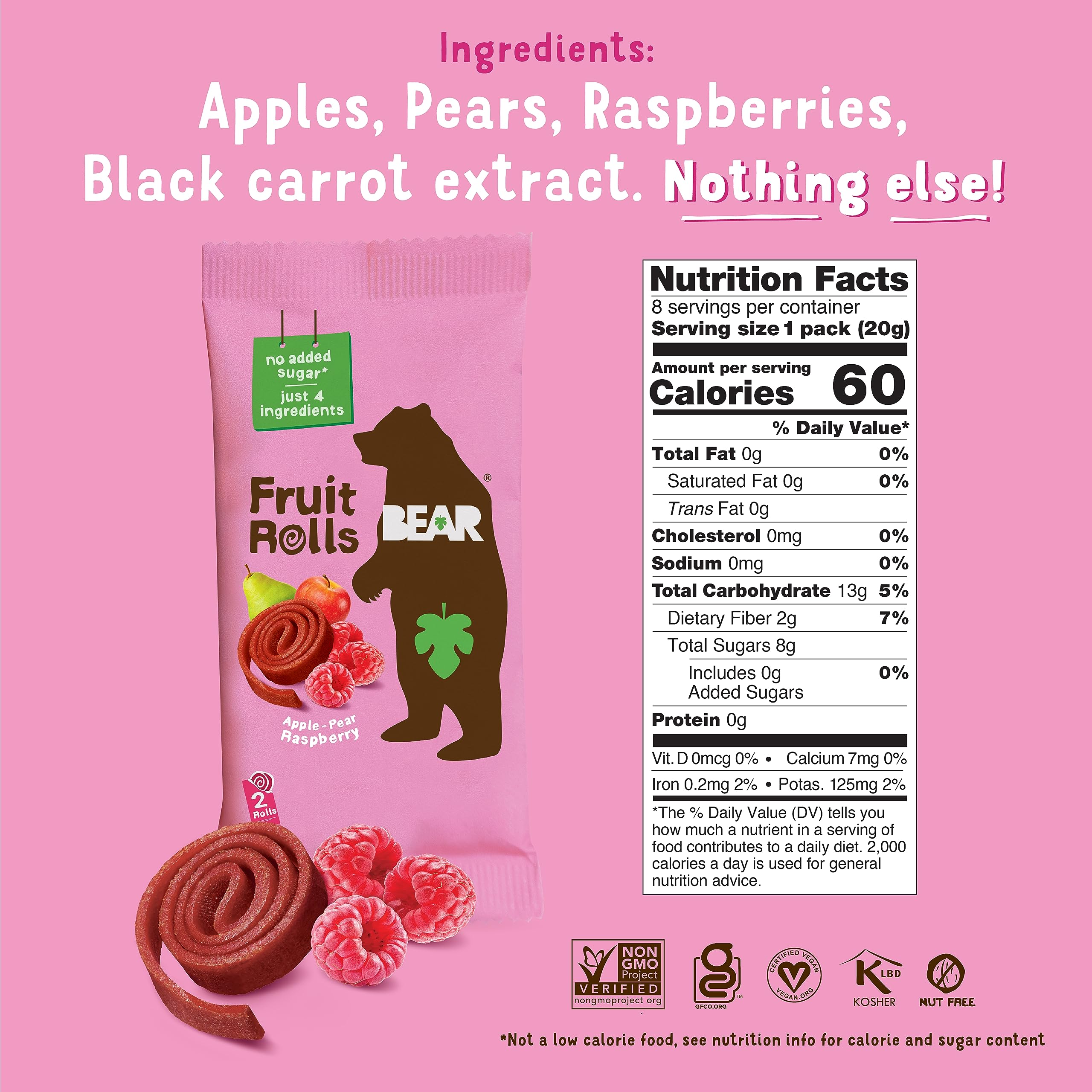 BEAR fruit rolls variety-pack back label showing gluten-free and vegan options for on-the-go snacking.