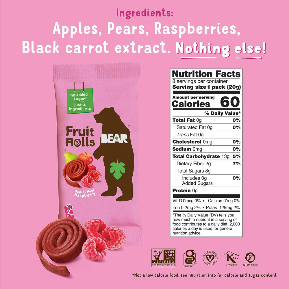 BEAR fruit rolls variety-pack back label showing gluten-free and vegan options for on-the-go snacking.