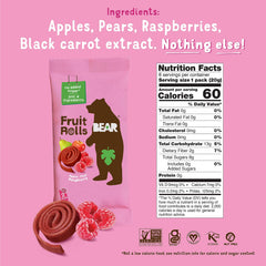 BEAR fruit rolls variety-pack back label showing gluten-free and vegan options for on-the-go snacking.