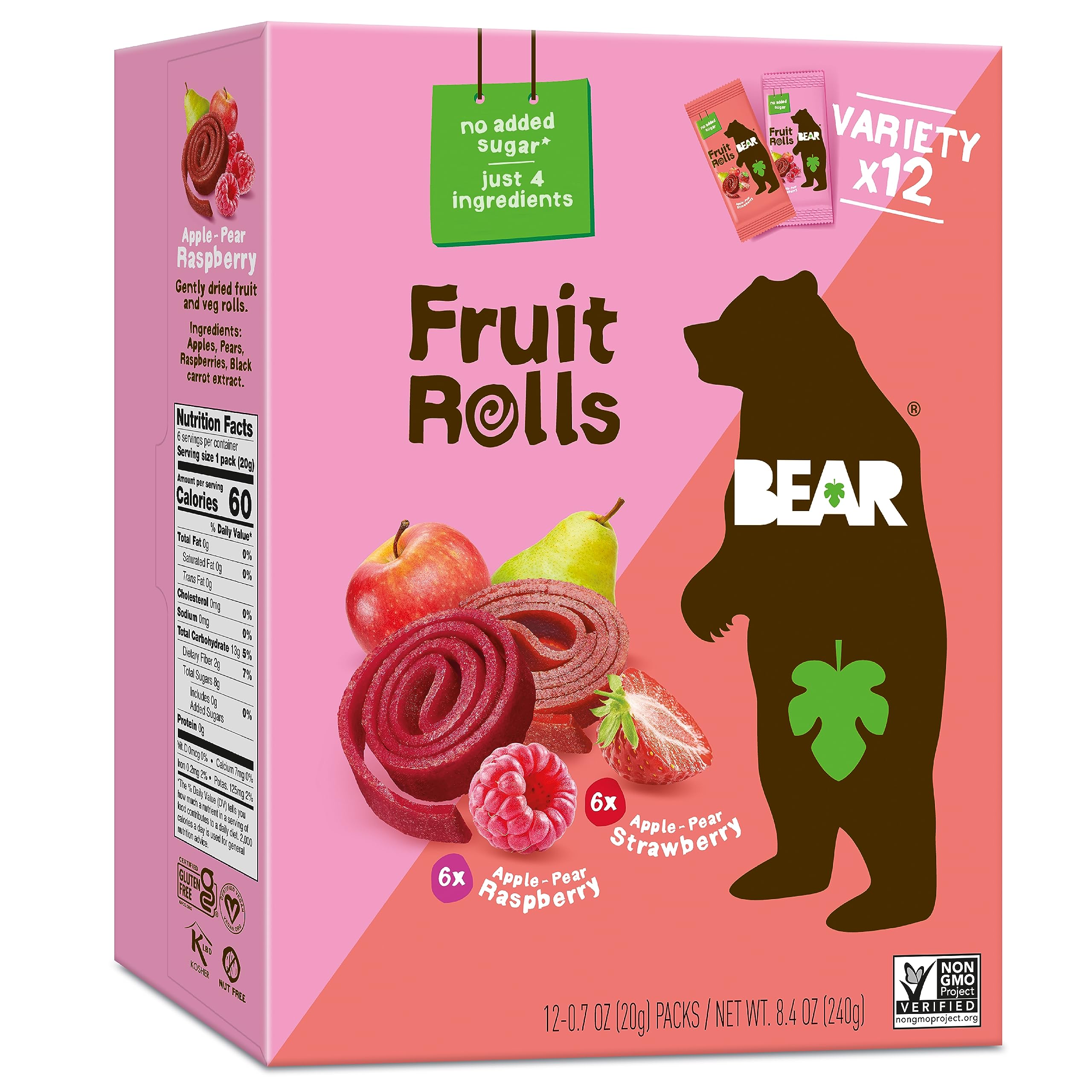 BEAR fruit rolls variety-pack front view with colorful packaging for quick, fruit-forward snacking.