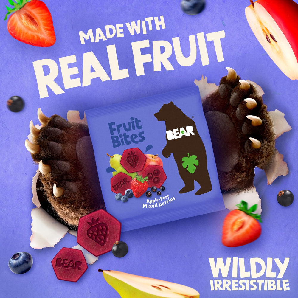 BEAR Mixed Berries Fruit Bites closeup reveals chewy texture and berry flavors