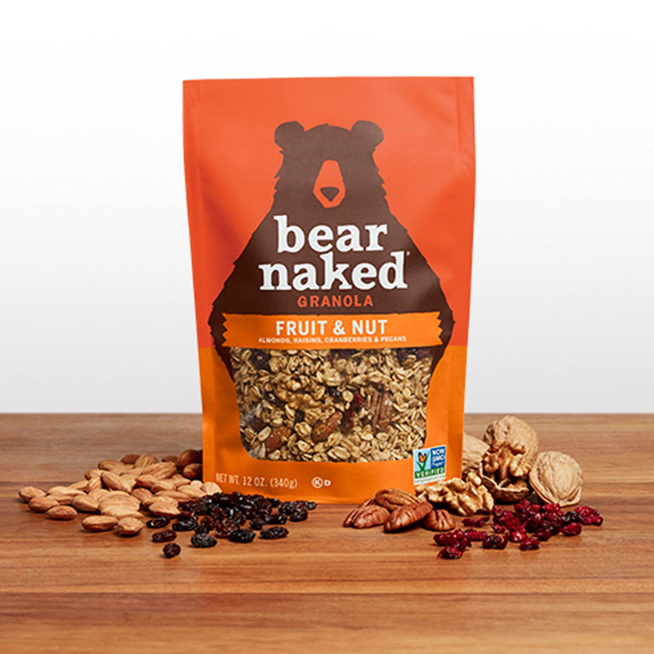 Close-up of almonds, pecans, and raisins in Bear Naked granola.