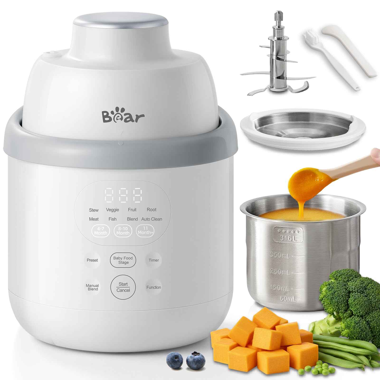 Bear NutriEase AllStage front view; compact stainless steel baby food maker for easy daily meals.