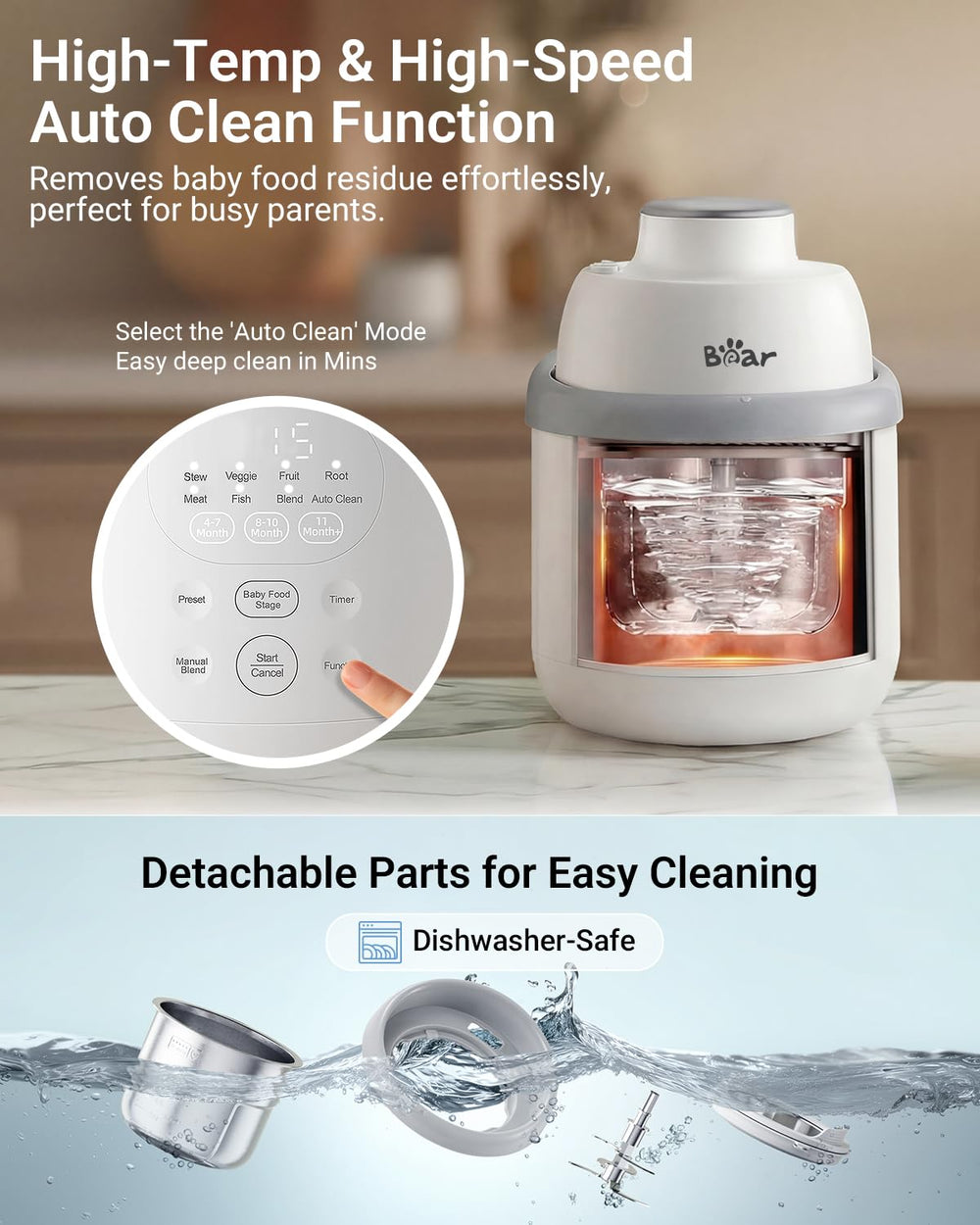 Bear NutriEase dishwasher-safe parts close-up demonstrating quick, easy maintenance.