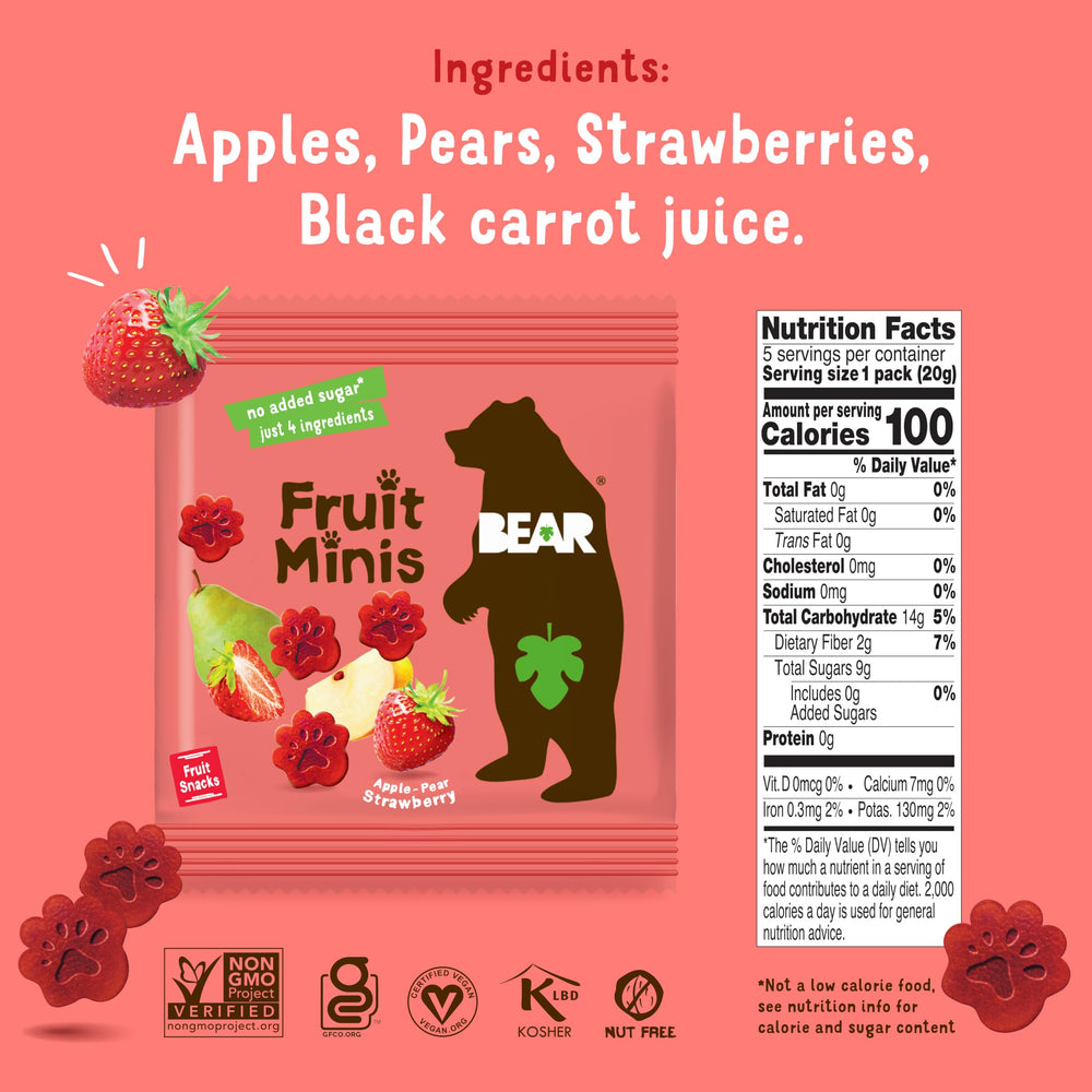 BEAR Real Fruit Snack Minis Strawberry close-up, bright strawberry flavor.