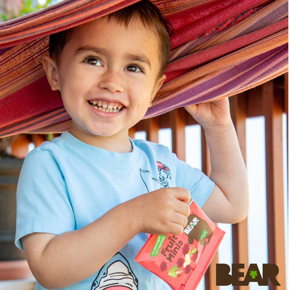 BEAR Real Fruit Snack Minis Strawberry nutrition info card, balanced option.