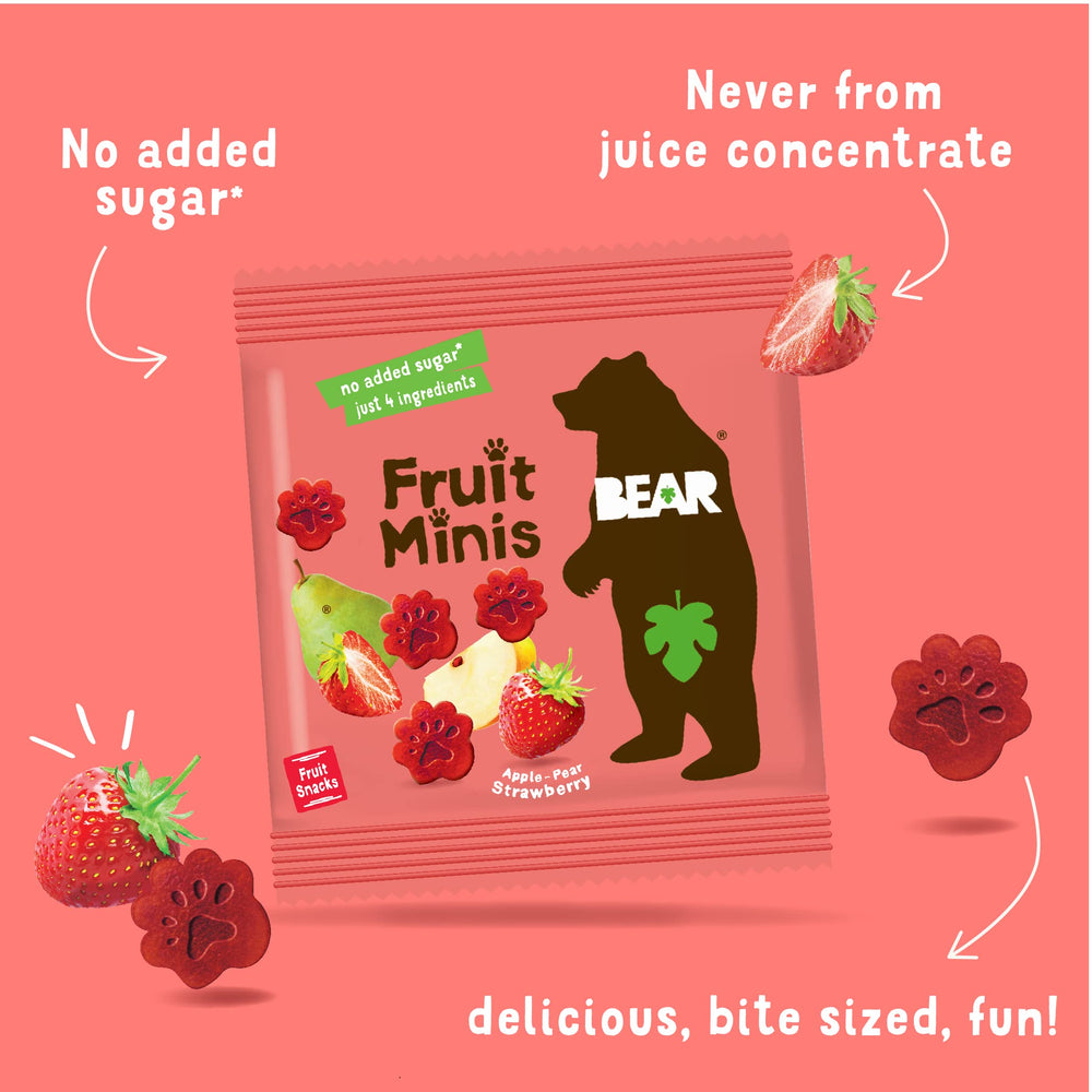 BEAR Real Fruit Snack Minis Strawberry texture, soft rolled fruit.