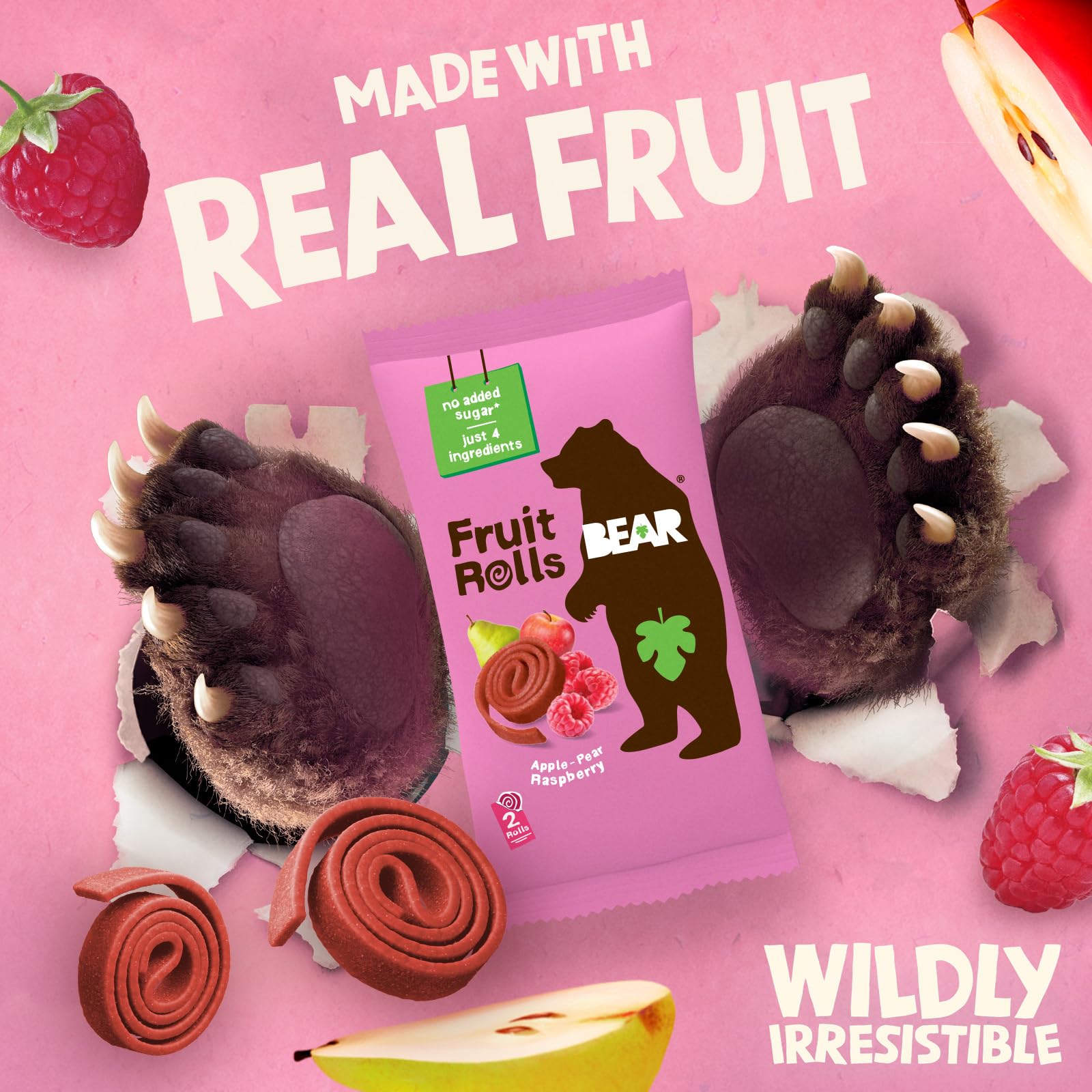 BEAR Real Fruit Snack Rolls Raspberry in a lunchbox setup, kid friendly and portable.