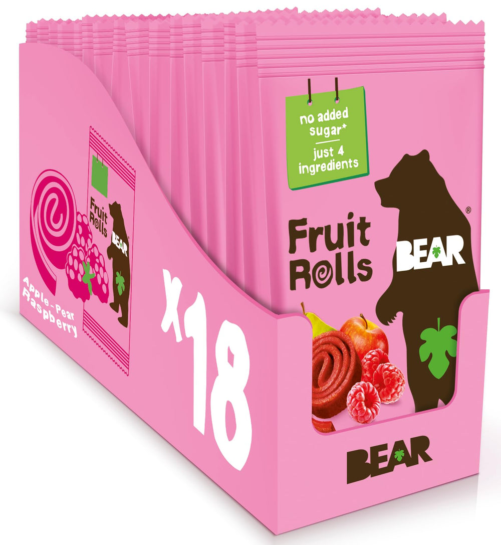 BEAR Real Fruit Snack Rolls Raspberry pack on a shelf, a convenient gluten-free snack option.