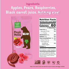 BEAR Real Fruit Snack Rolls Raspberry held in hand, perfect on the go and for lunchboxes.