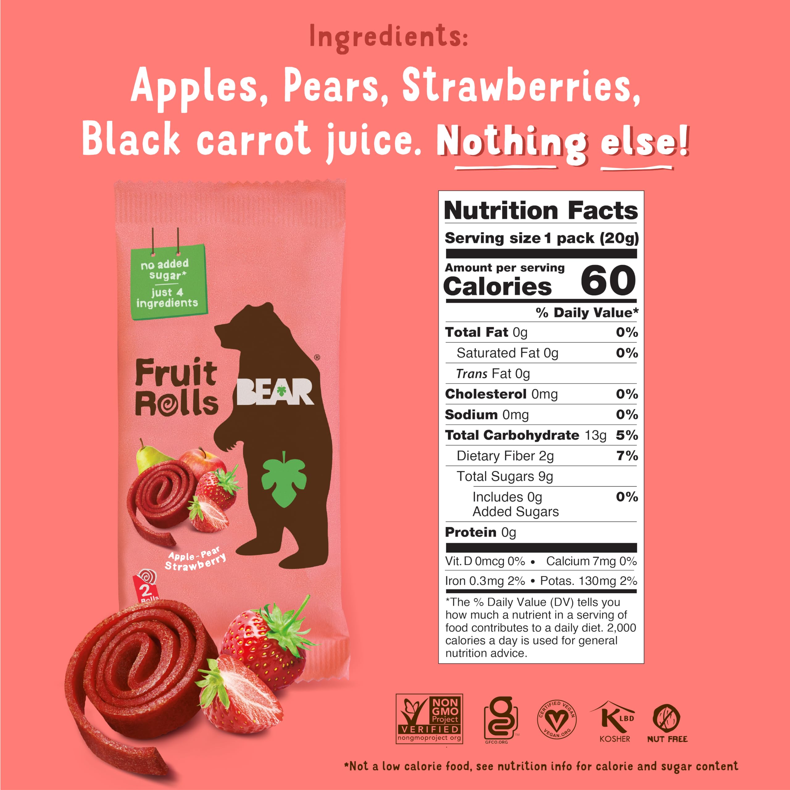BEAR Real Fruit Snack Rolls Strawberry close-up of rolls, portable kid-friendly snack