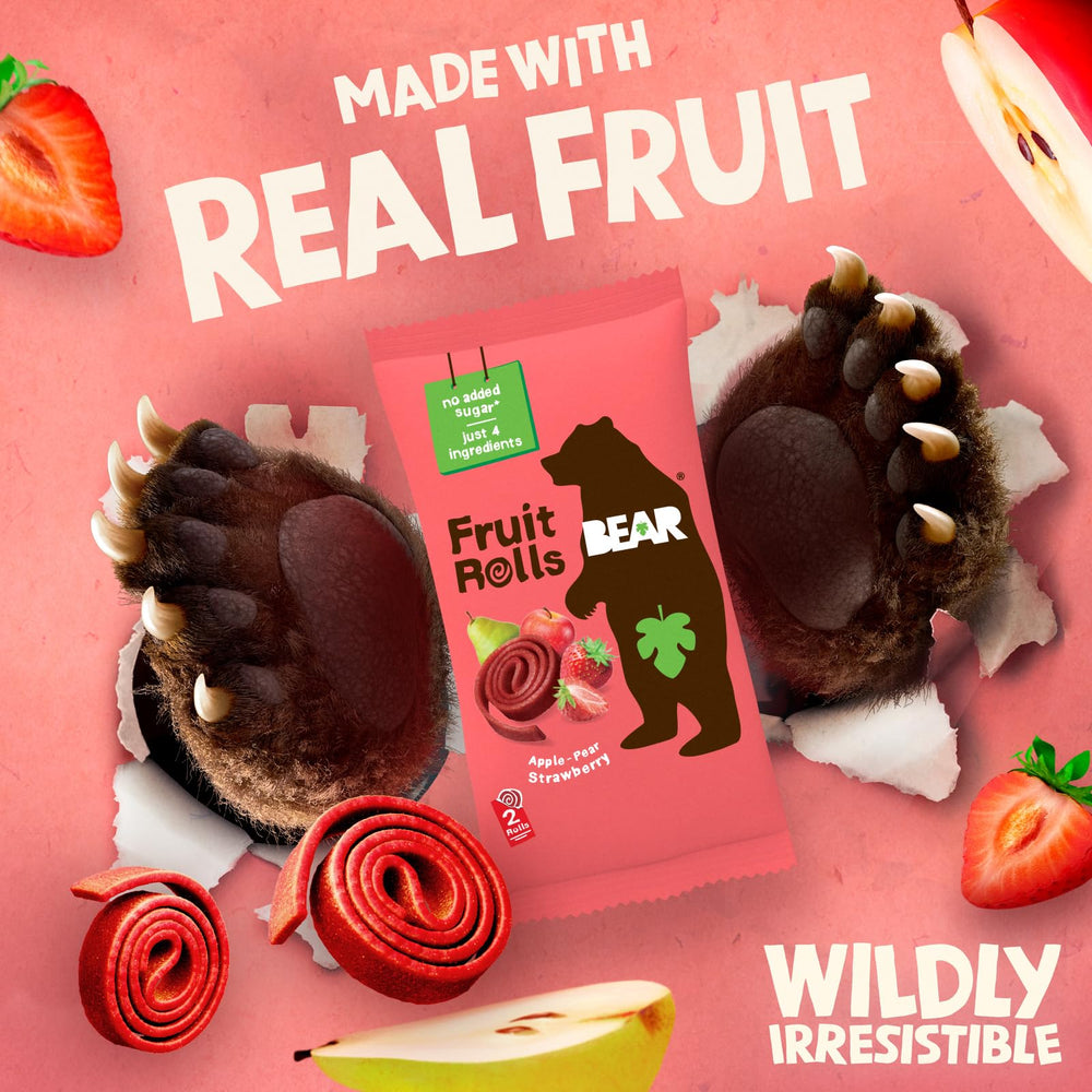 BEAR Real Fruit Snack Rolls Strawberry ingredients list, simple ingredients and no added sugars