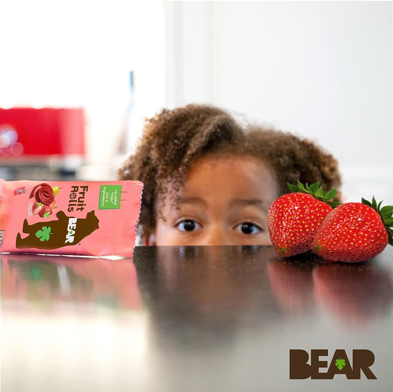 BEAR Real Fruit Snack Rolls Strawberry joyful kids enjoying the snack