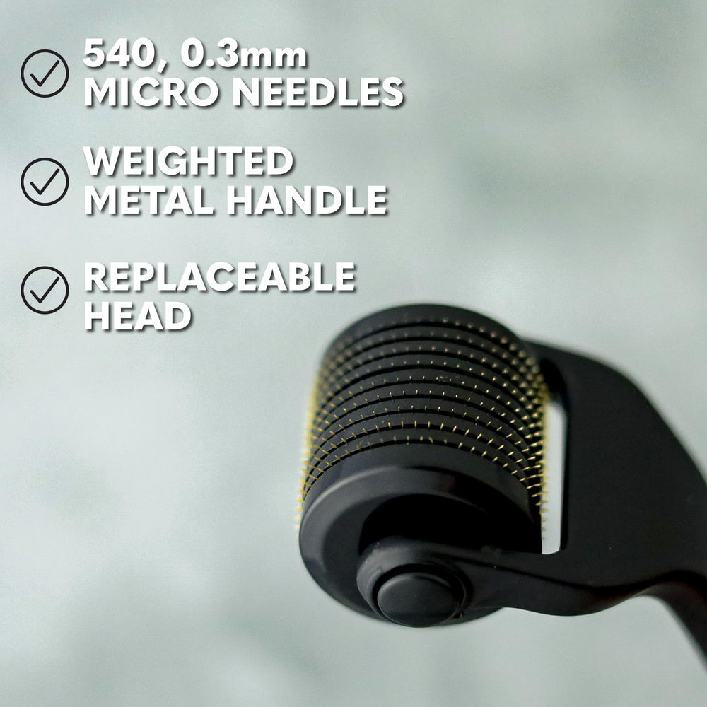 Beard Club derma roller on the face for skin refreshment and beard prep.