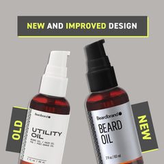 Beardbrand bottle label highlights jojoba and vitamin E benefits.
