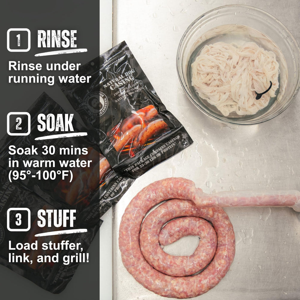 Bearded Butchers vacuum-sealed brine keeps casings fresh until use.